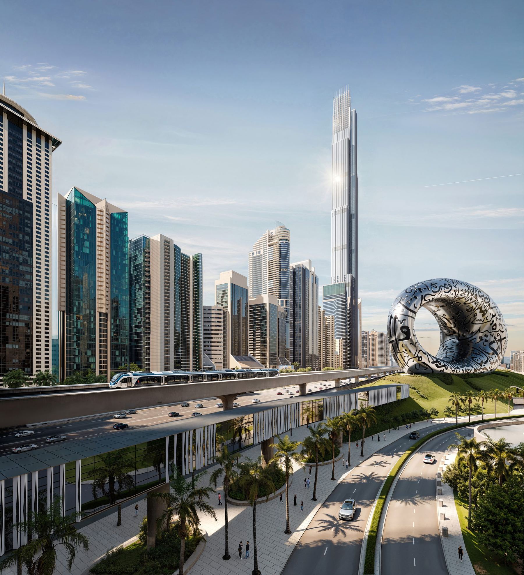 Burj Azizi on Sheikh Zayed Road beside the Museum of the Future, render