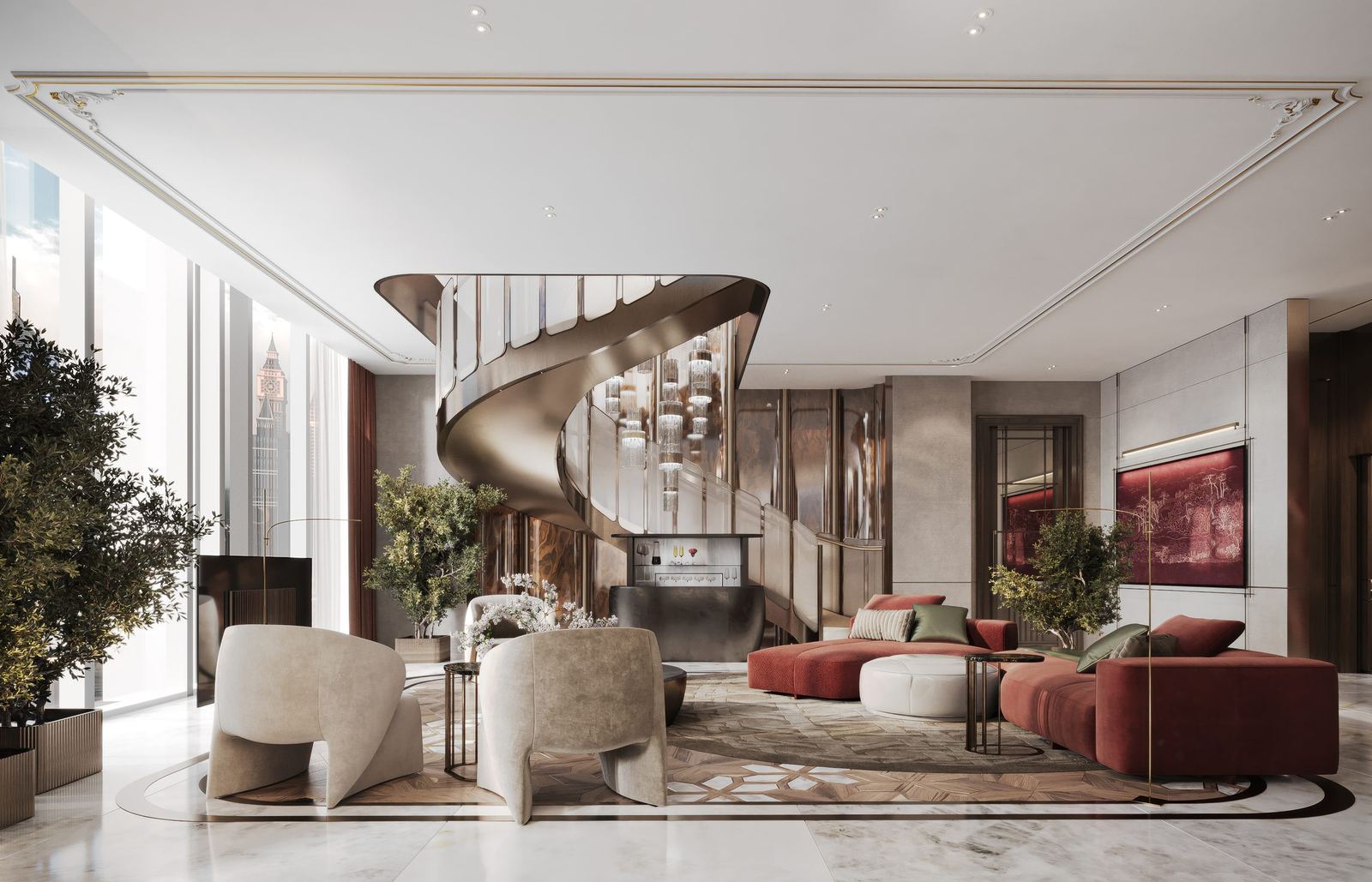 Penthouse living room with spiral stair, render